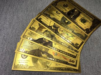 Gold Foil Currency ! - Amazing 24k Gold Leaf Printed And Sealed In Mylar - VERY Cool Collectible - 7 Pieces