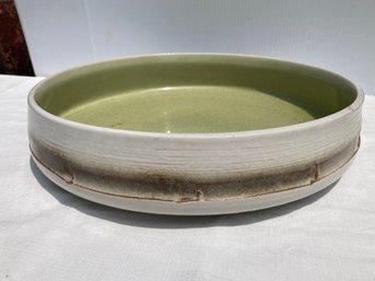 Stunning Large Scale Mid Century Studio Pottery Bowl- Brown High Relief Band And Lime Interior