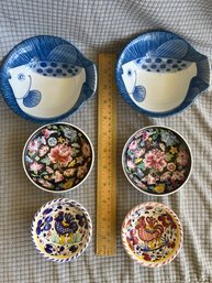 6 Mixed Ceramic Bowls: 2 Fish, 2 Chinese Floral And 2 Italian? Floral