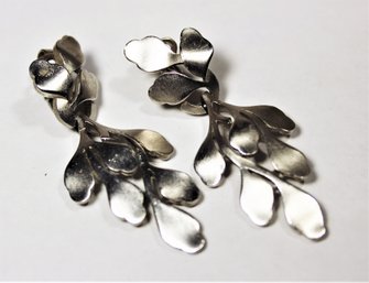 Signed TRIFARI Silver Tone Clip Dangle Leaf Form Earrings