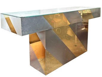 A Vintage Glass, Brass, And Brushed Steel Console In Style Of Paul Evans - C. 1970's-80's