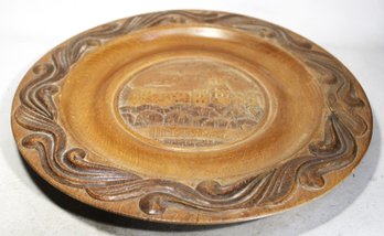 MCM Carved Wood German Round Tray Having Castle