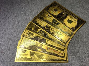 Gold Foil Currency ! - Amazing 24k Gold Leaf Printed And Sealed In Mylar - VERY Cool Collectible - 7 Pieces