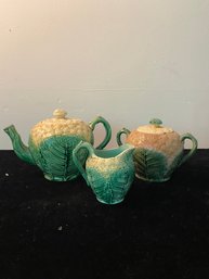 Antique Etruscan Majolica Teapot, Sugar And Creamer Set