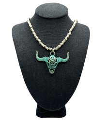 Boho Turquoise Color Bull Skull Silver Tone Beaded Necklace