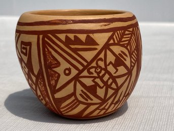 Artist Signed Hopi Indian Redware Vase- Diminutive Scale With Polychrome Glaze