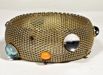 Vintage Mesh Gold Tone Bracelet Having Cabochon Glass Stones