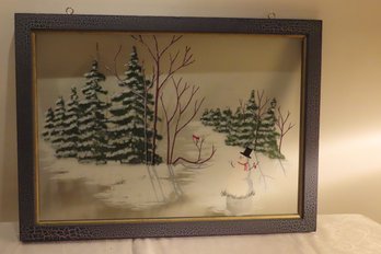 -Painted Snow Scene On Glass With Snowman And Cardinal In Tree:  17 X 24