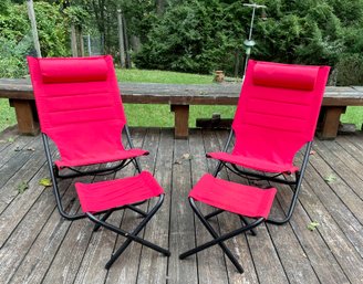 Pair Of Red Canvas Patio Folding Chairs W/ Ottoman By Donggun Dinzhu Metal & Plastic