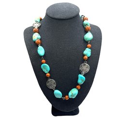 Turquoise And Coral Color Chunky Beaded Necklace