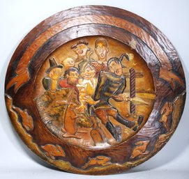 Very Unique German Polychrome Hand Carved Charger W Figures And Bunny Rabbits