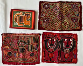 4 Vintage Cuna Indian Molas Reverse Applique Tapestries, Panama, 1 In Frame