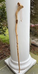 Vtg 55' Tall Hand Carved Walking Stick With Thin Leather Strap & Large Knobby Handle