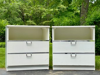Pair Of Lane Alta Vista Nightstands In White Lacquer With Chrome Handles & Trim