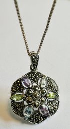 STERLING SILVER MULTI GEMSTONE MARCASITE NECKLACE