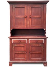 A Vintage Hitchcock Paneled Cherry Server With Hutch Top, Iconic Painted Details, And Signed On Back