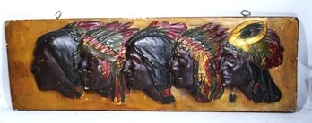 1920s Plaster Of Paris Molded Wall Plaque Having Native American Indian Chiefs