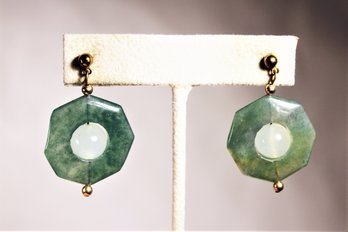 Carved Jade Jadeite Octagonal Pierced Earrings