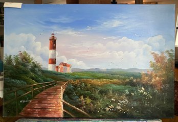 Oil On Canvas Of Light House Signed M. Andrea Lower Left