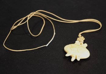 Fine Chinese Hand Carved Bone Pendant On Silk Cord Of A Censer