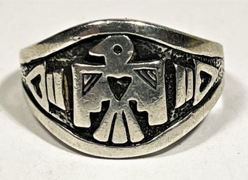 Southwestern Sterling Silver Ring Having Thunderbird Decoration Size 8.5