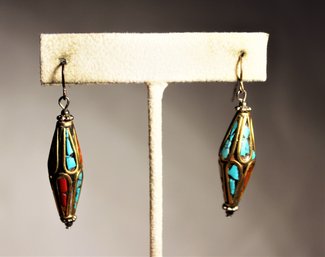 Turquoise And Coral Silver Pierced Drop Earrings