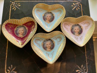 Four Vintage Portrait Heart Shape Porcelain Trinket Dishes.