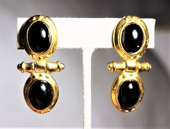 1980s Gold Tone Cabochon Black Stone Clip Earrings