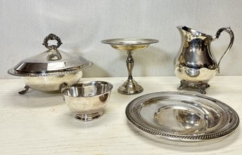 A Lot Of FIVE Pieces Of Rodgers Silver Plate - Pitchers, Platter, Chafing Dish With Lid & More