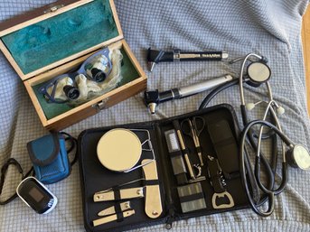 Vintage Surgical Glasses Original Box, Stethoscopes, Welch Allyn Otoscopes, Finger Oximeter, Grooming Kit