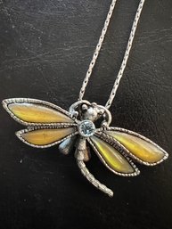 Long Silver Snake Chain Necklace With Dragonfly Pendant