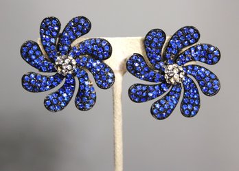 Vintage Black Tone Blue White Rhinestone Earrings Ear Clips