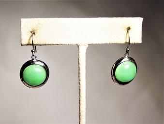 Pair Sterling Silver Jade Cabochon Stone Pierced Earrings