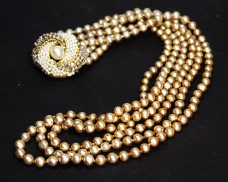 Vintage Miriam Haskell Faux Pearl Necklace Having Large Rhinestone Clasp NOT Signed