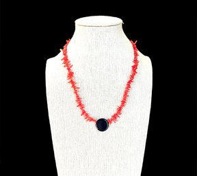Vintage Salmon Color Branch Coral Style And Black Bead Necklace