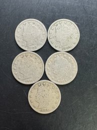 5 V Nickels 1902, 1906, 1908, 1911, 1912
