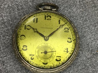 Nice Antique TAVANNES Pocket Watch - White Gold Filled - Screw On Back - 15 Jewel Movement - Sold As - Is