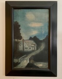 Charming Primitive Oil On Canvas Painting Of A House On A Road