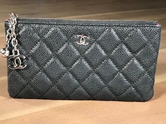 Fabulous CHANEL Black Caviar Leather Zip Pouch / Bag - Excellent Condition - With Chanel Charms - Cute Piece