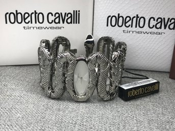 Beautiful Brand New $395 Ladies ROBERTO CAVALLI  Silver Wrap Snake Watch - With Box / Booklet And Link