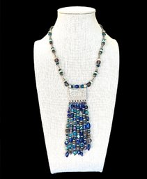 Vintage Mulit Color Blue Beaded Tassel Pendant Fashion Necklace