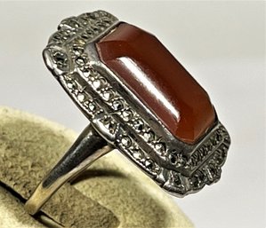 Vintage Art Deco Sterling Silver Carnelian Marcasite Ladies Ring Size 7.5