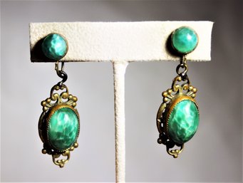 Czech. Gilt Brass And Glass 1920s Art Glass Screw Back Earrings Ear Pendants