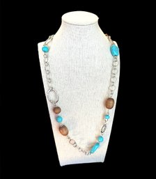 Turquoise Color Nugget And Brown Wood Beaded Long Fashion Necklace