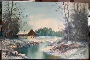 Oil On Canvas Winter River Scape Signed Lower Left