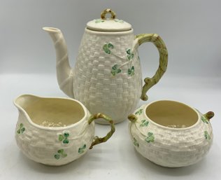 Beautiful Belleek Basketweave Coffee Pot , Sugar & Creamer  (C)