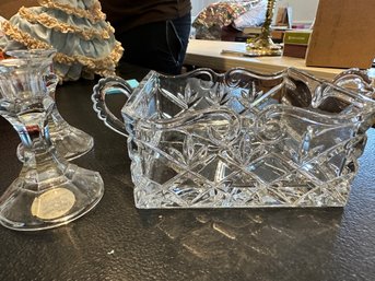 Beautiful Crystal Napkin Holder And Pair Of Candleholders