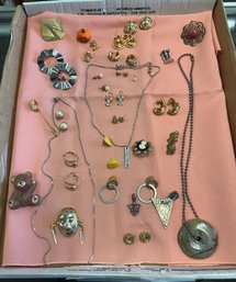 Collection Lot Of Jewelry Big And Small Ear Rings, Necklaces, Pendant, Pin, A Teddy Bear. JJ/A4