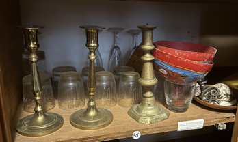 BRASS CANDLESTICKS, PAINTED BOWLS, CARVED BOX, AND MORE