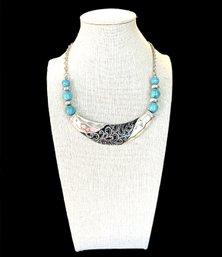 Boho Silver Metal Crescent Turquoise Beaded Necklace